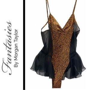 Fantasies by Morgan Taylor Vintage Leopard Print & Black Mesh Bodysuit -‎ Size P